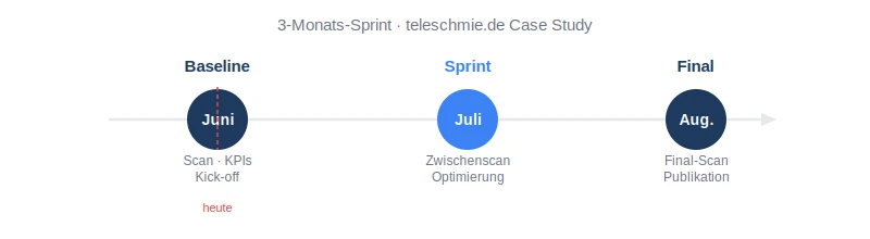 3-month sprint timeline for teleschmie.de case study: Baseline (June: Scan, KPIs, Kick-off, today), Sprint (July: Interim scan, optimization), Final (August: Final scan, publication)