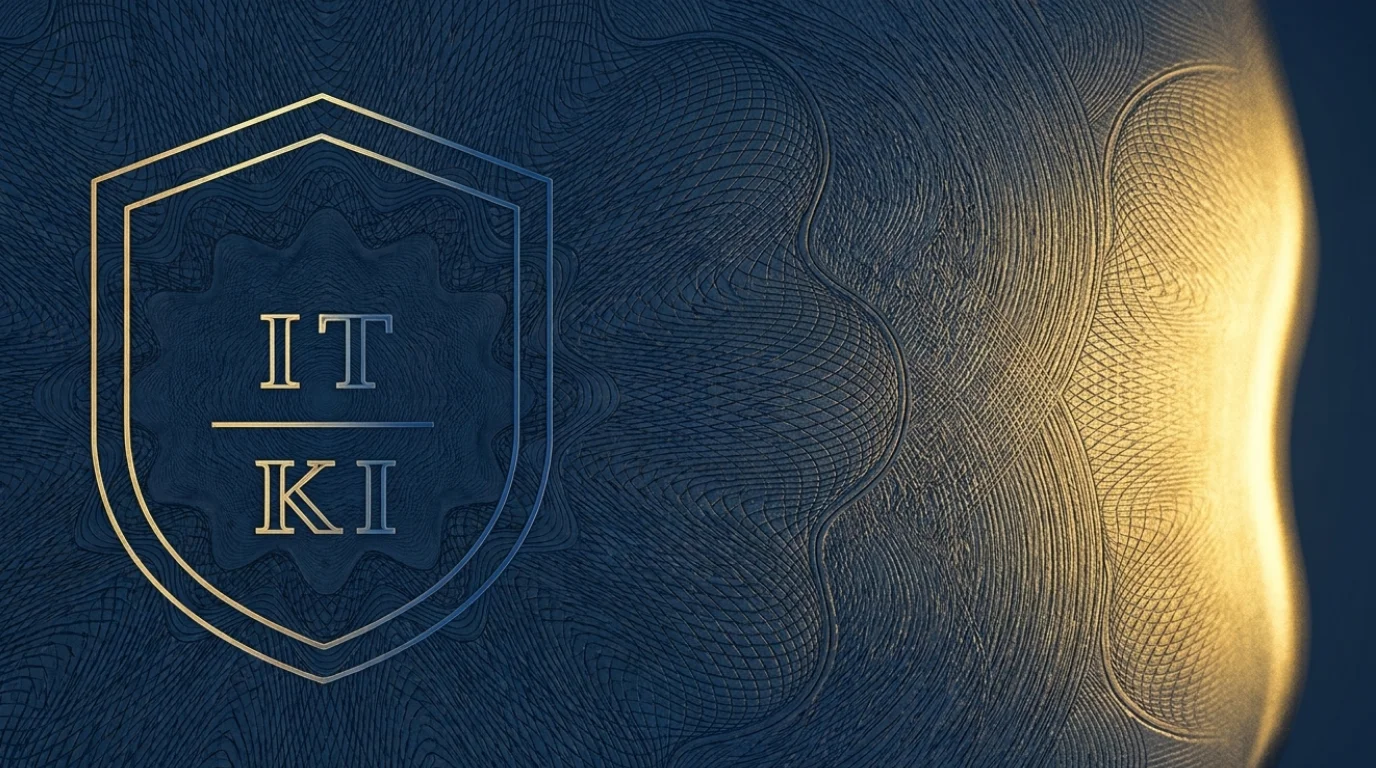 Institutionelle Autorität: IT·KI shield on topographic navy-gold pattern