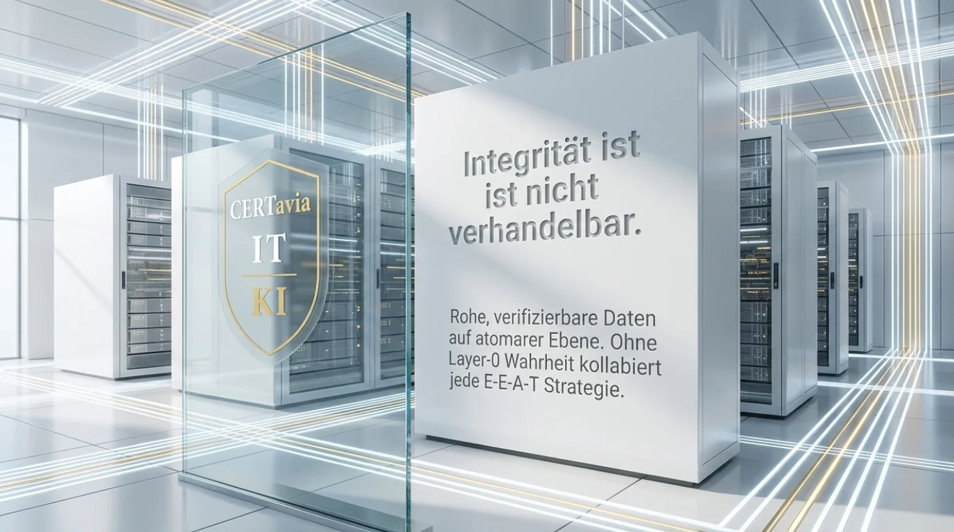 Integrität ist nicht verhandelbar: server room with CERTavia IT·KI badge and E-E-A-T strategy